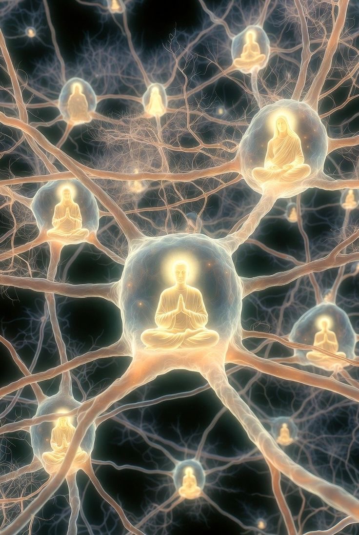 Una red de neuronas luminosas con una figura en meditación dentro de cada célula