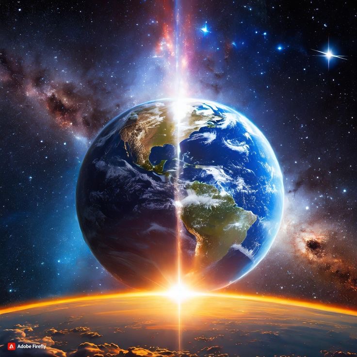 La Tierra vista desde el espacio, atravesada por una columna de luz