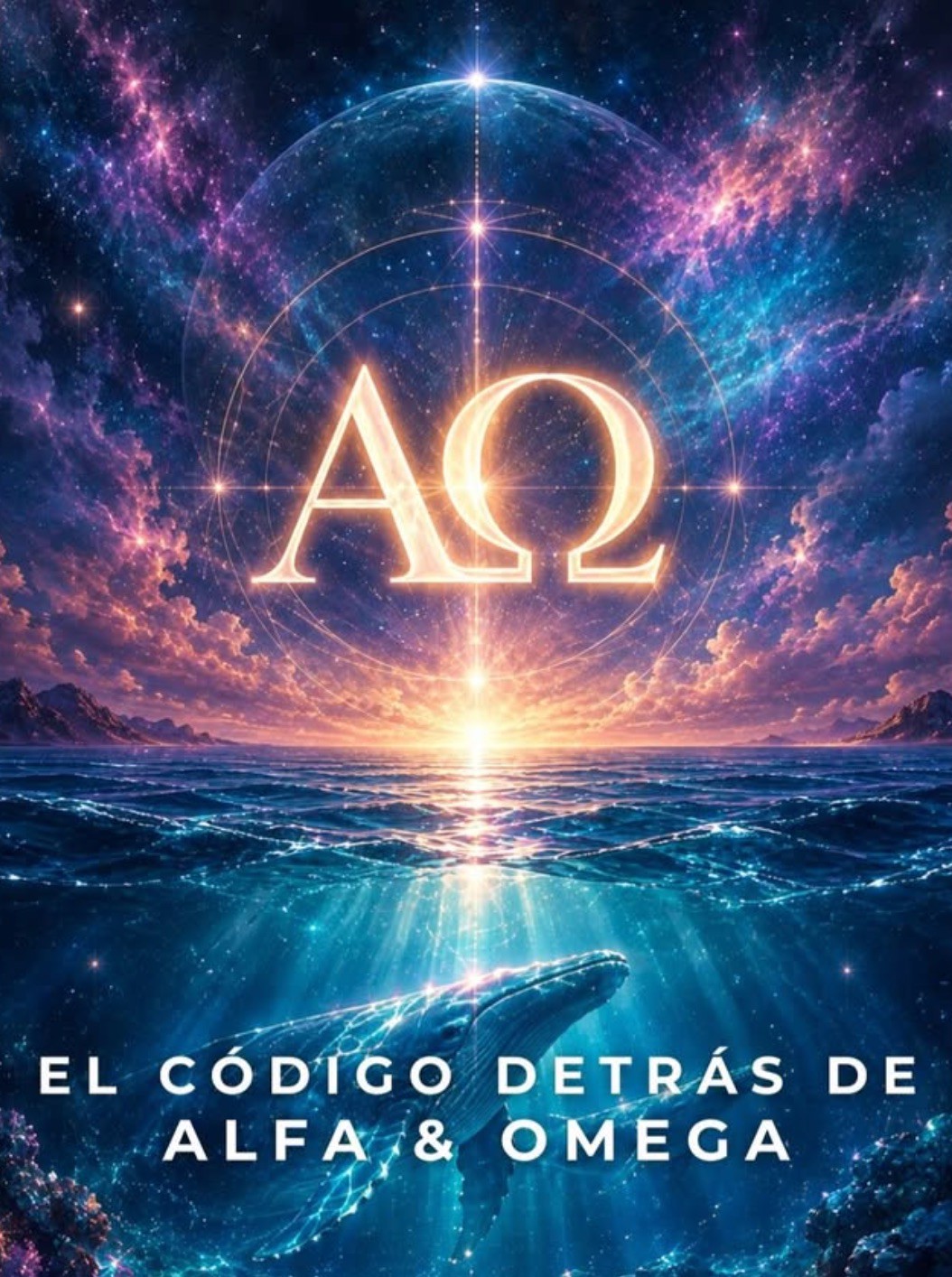 Las letras alfa y omega brillando sobre el océano bajo un cielo estrellado, con una ballena nadando bajo la superficie