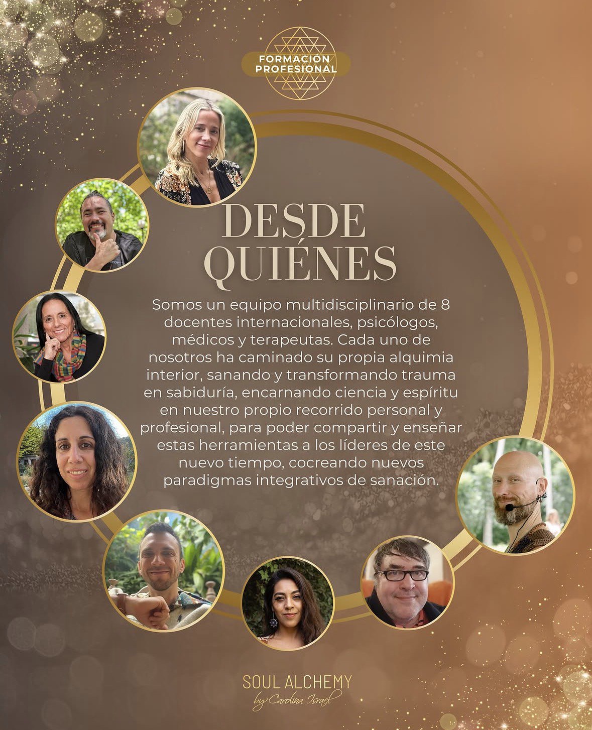 Gráfico en tonos dorados y marrones de la formación profesional Soul Alchemy, con ocho retratos circulares del equipo docente alrededor de un texto de presentación.