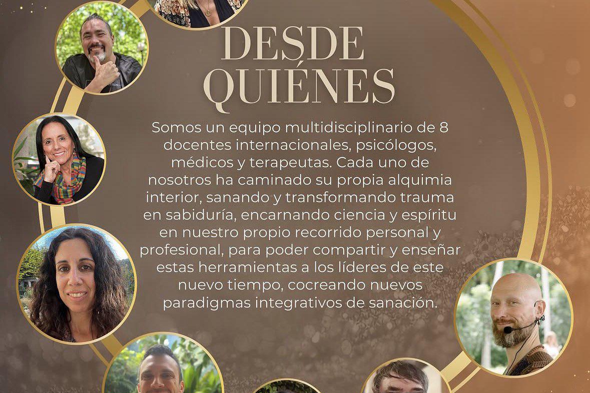 Gráfico en tonos dorados y marrones de la formación profesional Soul Alchemy, con ocho retratos circulares del equipo docente alrededor de un texto de presentación.